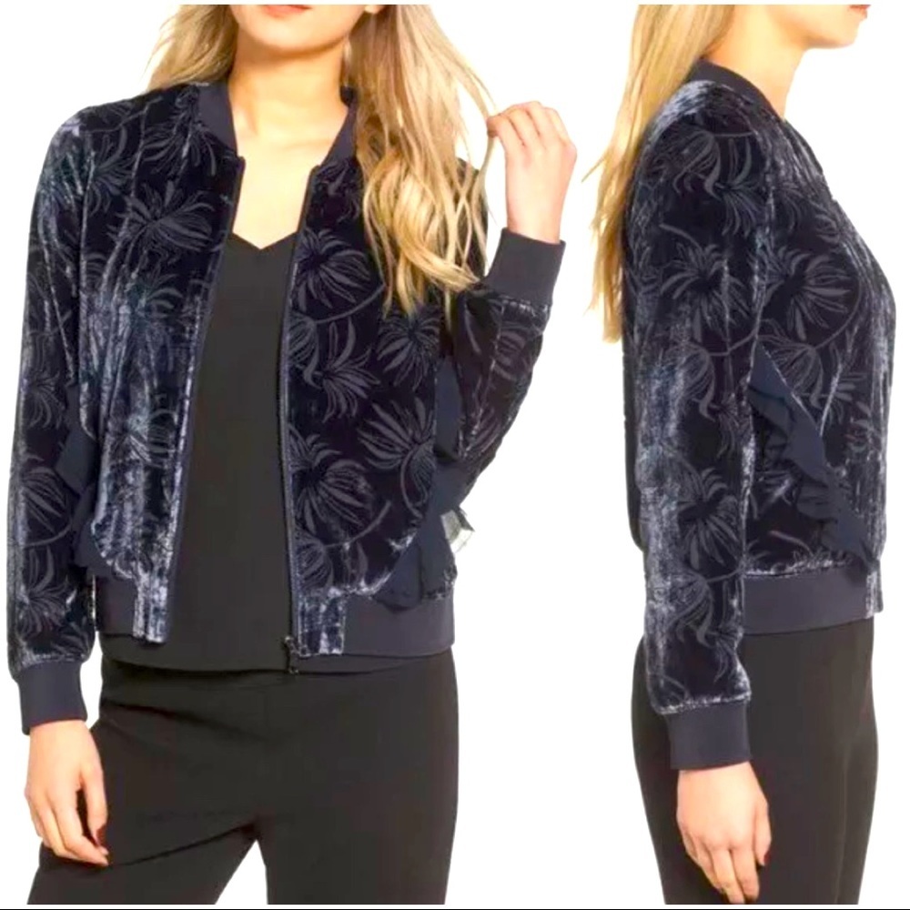 Olivia Palermo Chelsea28 Womens Sz L Blue Velvet Burnout Full Zip Bomber Jacket